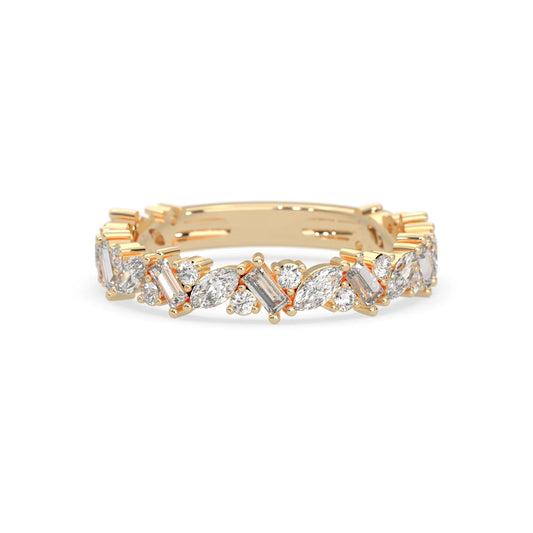 Multi shape lab grown diamond eternity band featuring baguette, marquise and round cut diamonds in a floral cluster design in yellow gold