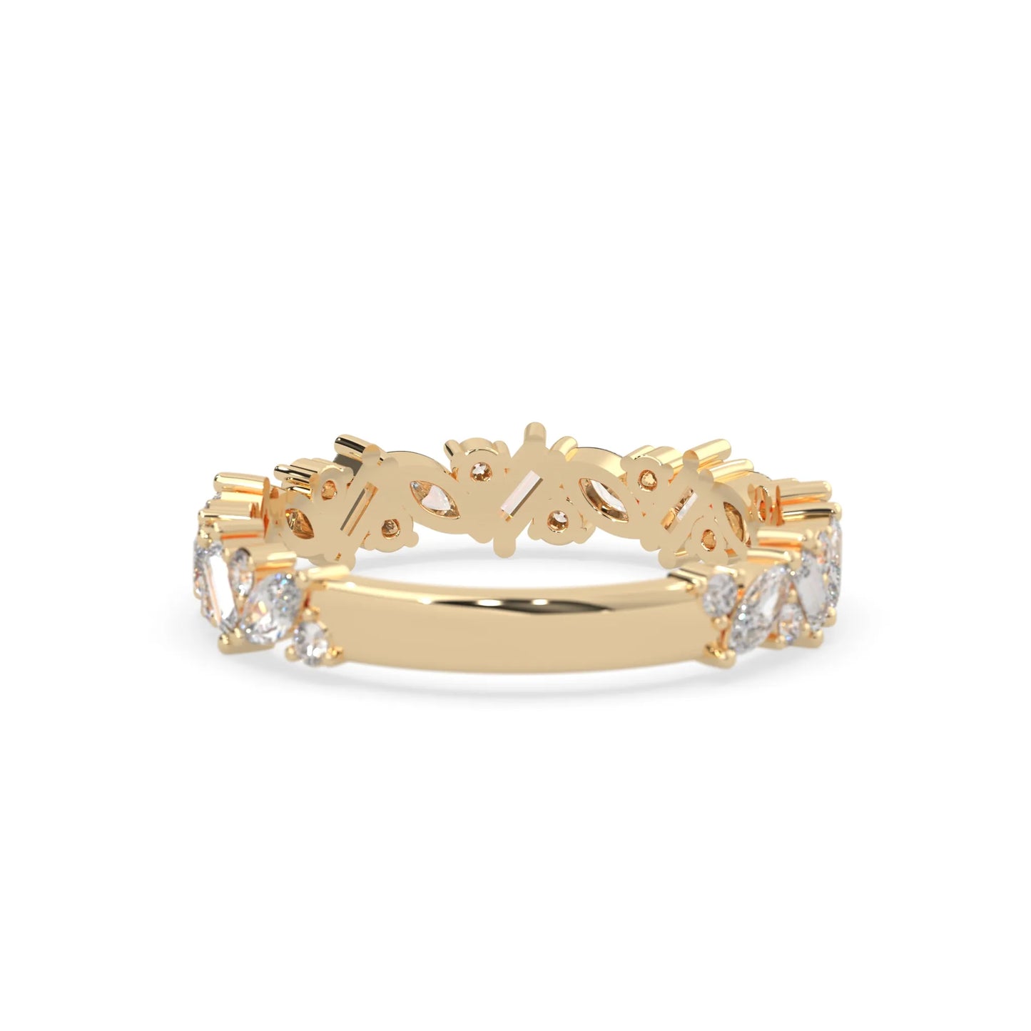 Multi shape lab grown diamond eternity band featuring baguette, marquise and round cut diamonds in a floral cluster design in yellow gold