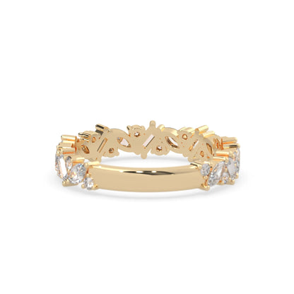 Multi shape lab grown diamond eternity band featuring baguette, marquise and round cut diamonds in a floral cluster design in yellow gold