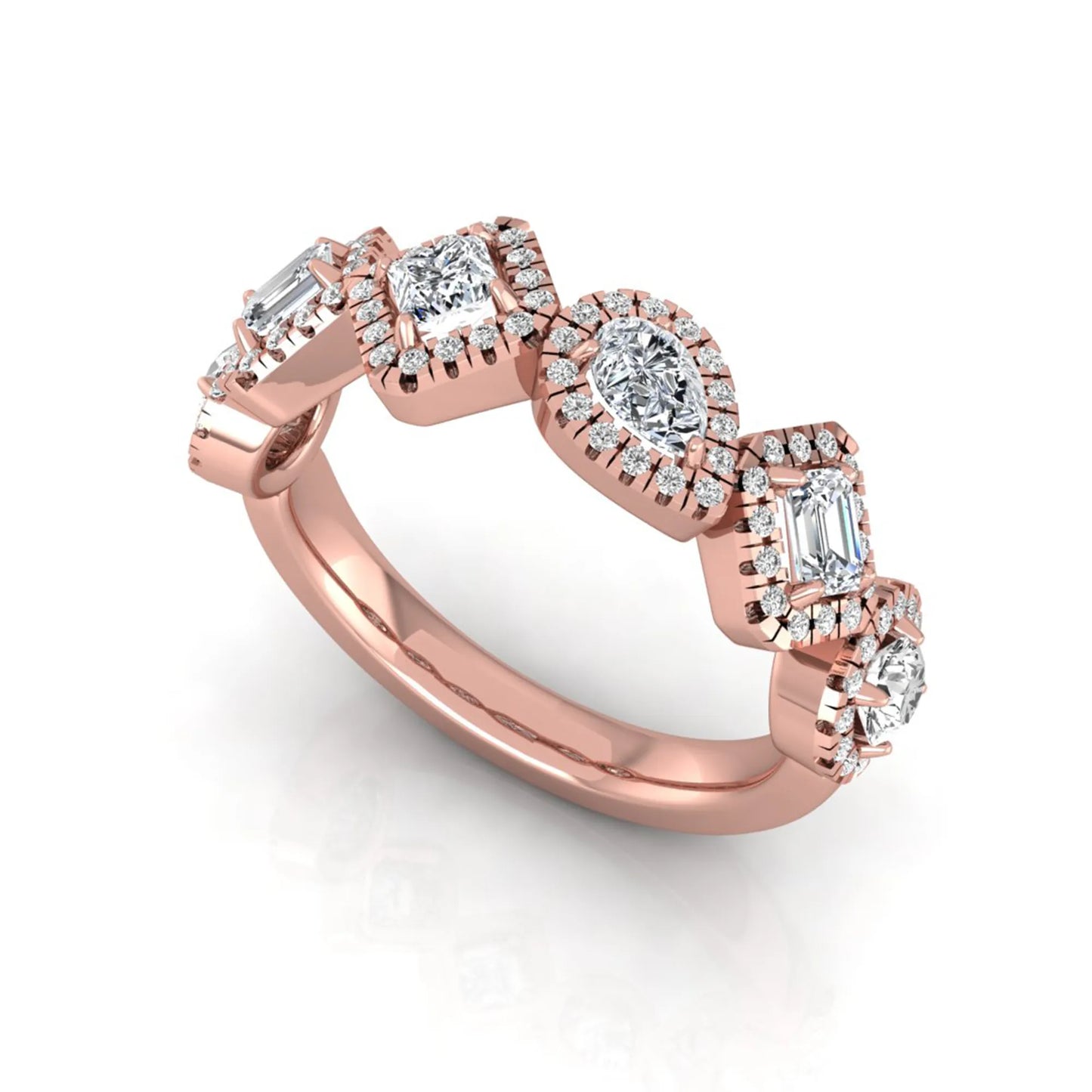 Multi shape lab grown diamond halo band ring featuring emerald, princess, pear, and round cut diamonds totaling 0.97 carats in rose gold.