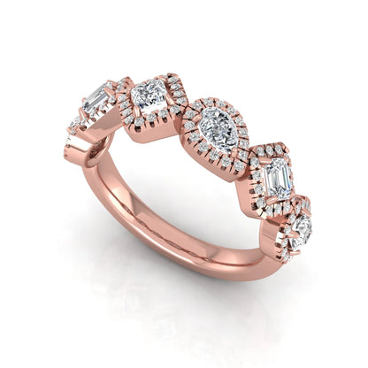 Multi shape lab grown diamond halo band ring featuring emerald, princess, pear, and round cut diamonds totaling 0.97 carats in rose gold.
