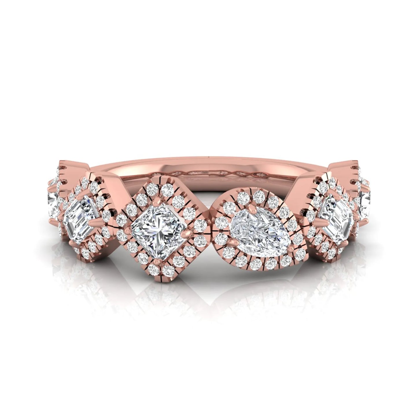 Multi shape lab grown diamond halo band ring featuring emerald, princess, pear, and round cut diamonds totaling 0.97 carats in rose gold.