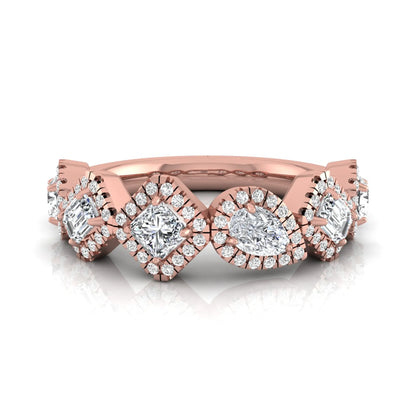 Multi shape lab grown diamond halo band ring featuring emerald, princess, pear, and round cut diamonds totaling 0.97 carats in rose gold.