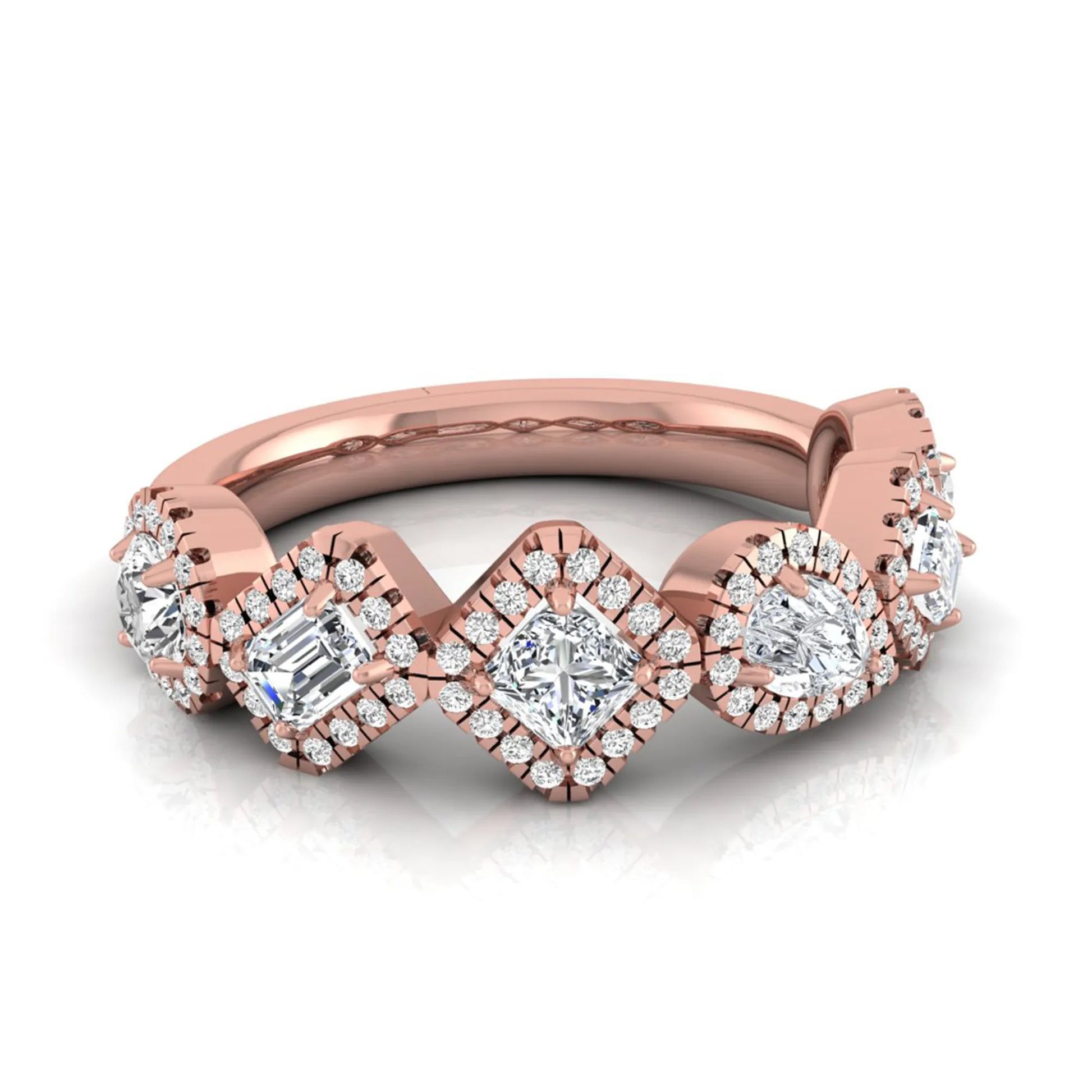 Multi shape lab grown diamond halo band ring featuring emerald, princess, pear, and round cut diamonds totaling 0.97 carats in rose gold.