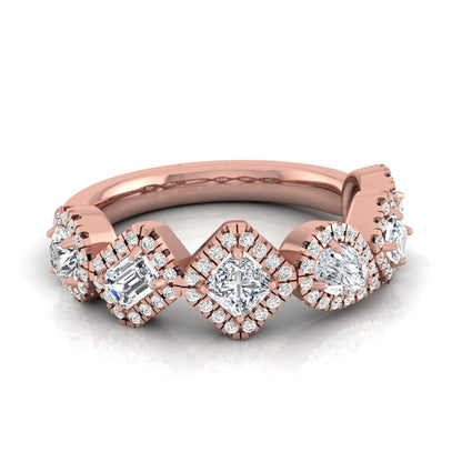 Multi shape lab grown diamond halo band ring featuring emerald, princess, pear, and round cut diamonds totaling 0.97 carats in rose gold.