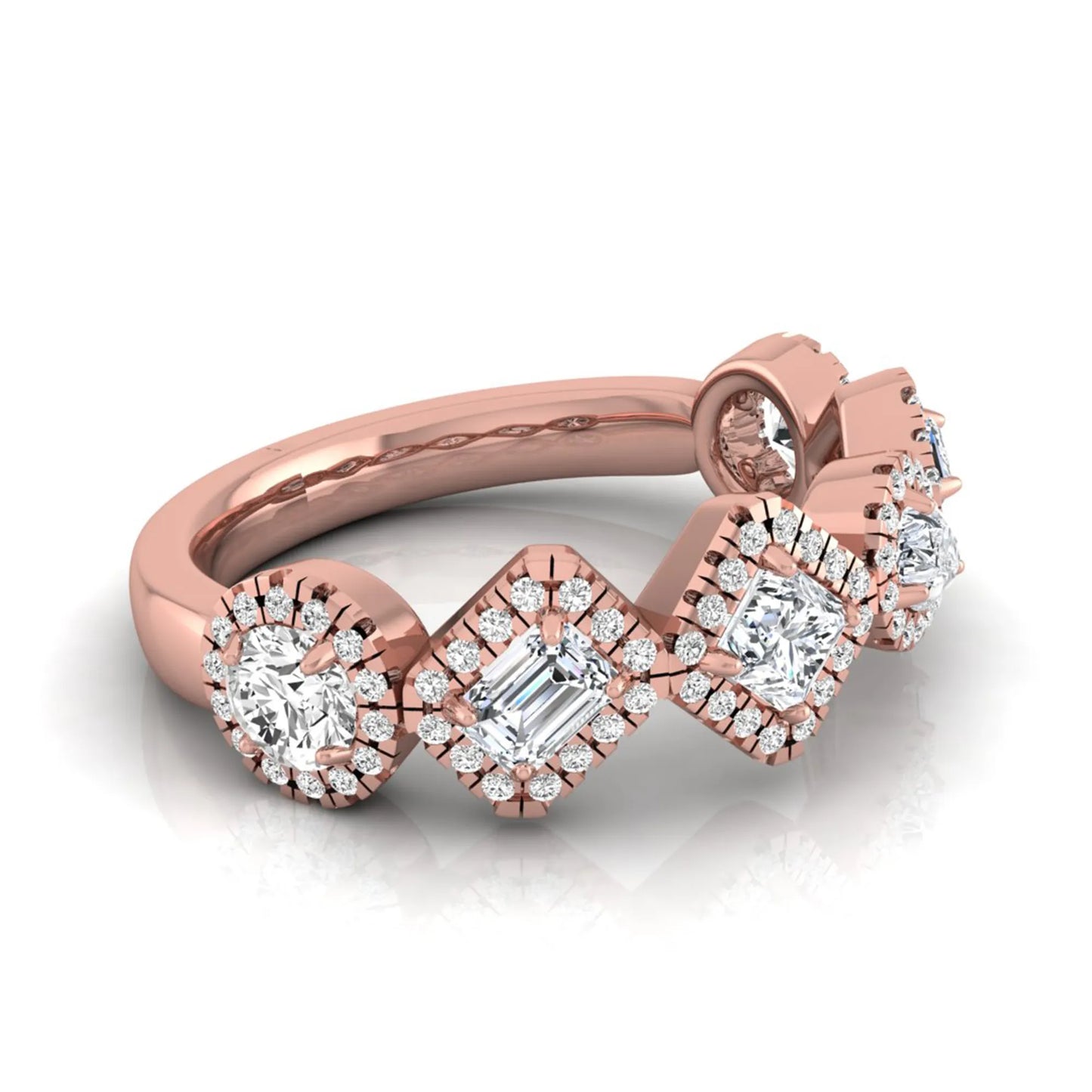 Multi shape lab grown diamond halo band ring featuring emerald, princess, pear, and round cut diamonds totaling 0.97 carats in rose gold.