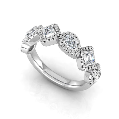 Multi shape lab grown diamond halo band ring featuring emerald, princess, pear, and round cut diamonds totaling 0.97 carats in white gold.