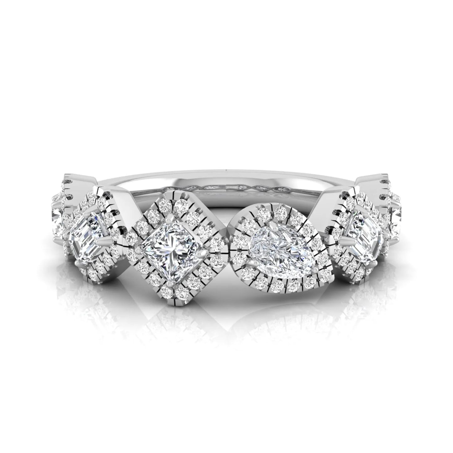 Multi shape lab grown diamond halo band ring featuring emerald, princess, pear, and round cut diamonds totaling 0.97 carats in white gold.