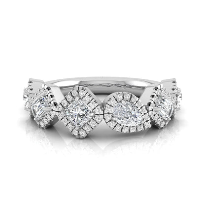 Multi shape lab grown diamond halo band ring featuring emerald, princess, pear, and round cut diamonds totaling 0.97 carats in white gold.