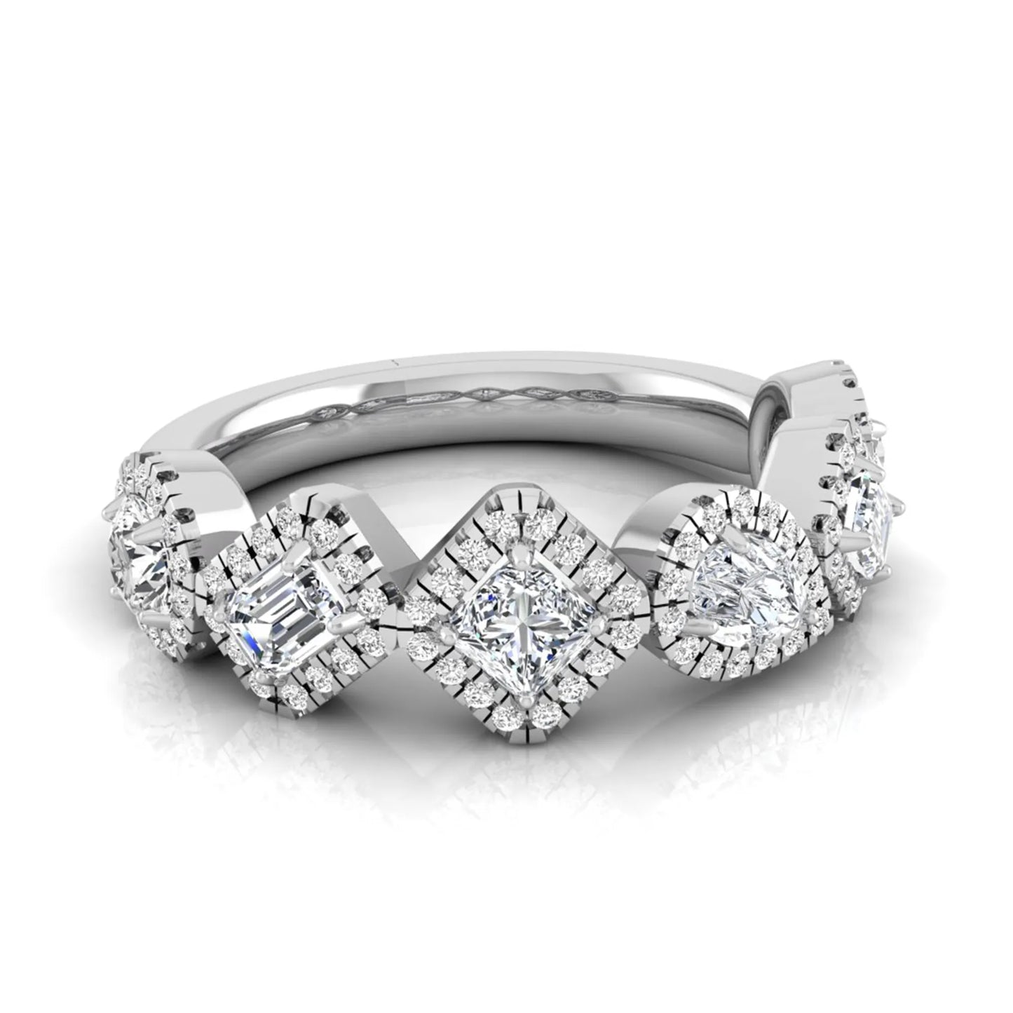 Multi shape lab grown diamond halo band ring featuring emerald, princess, pear, and round cut diamonds totaling 0.97 carats in white gold.