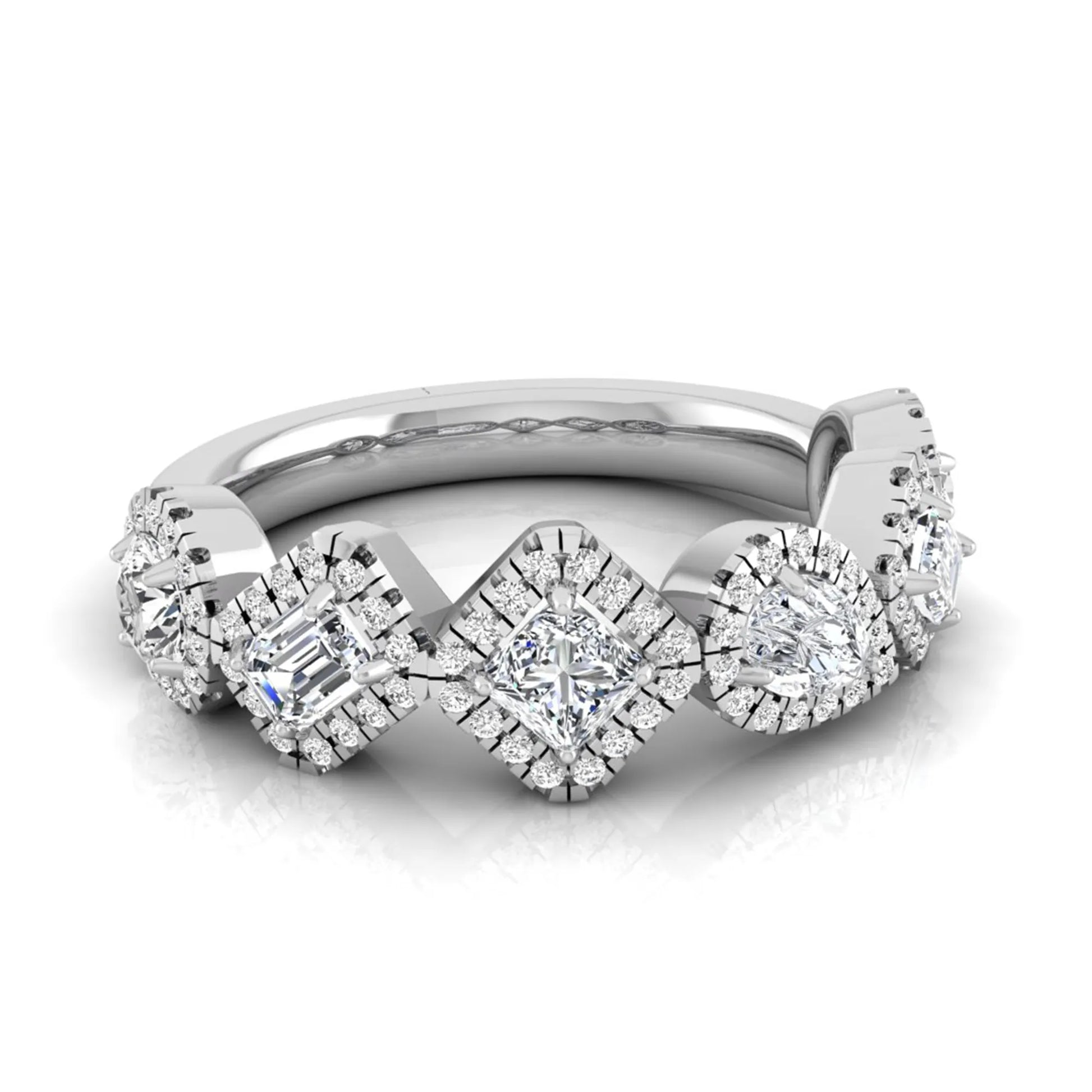 Multi shape lab grown diamond halo band ring featuring emerald, princess, pear, and round cut diamonds totaling 0.97 carats in white gold.