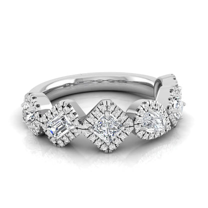 Multi shape lab grown diamond halo band ring featuring emerald, princess, pear, and round cut diamonds totaling 0.97 carats in white gold.