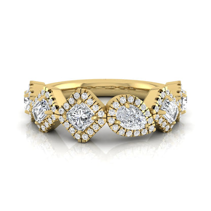 Multi shape lab grown diamond halo band ring featuring emerald, princess, pear, and round cut diamonds totaling 0.97 carats in yellow gold.