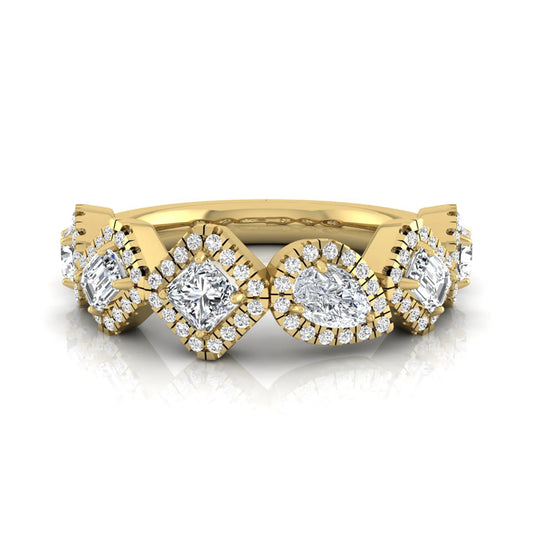 Multi shape lab grown diamond halo band ring featuring emerald, princess, pear, and round cut diamonds totaling 0.97 carats in yellow gold.