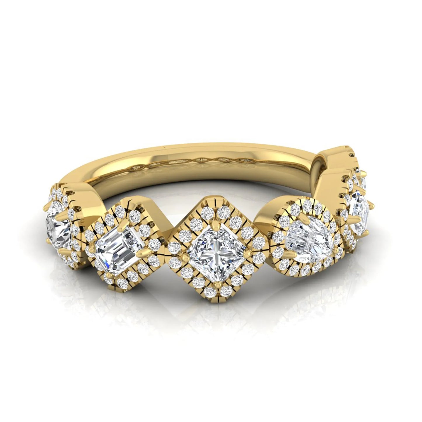 Multi shape lab grown diamond halo band ring featuring emerald, princess, pear, and round cut diamonds totaling 0.97 carats in yellow gold.
