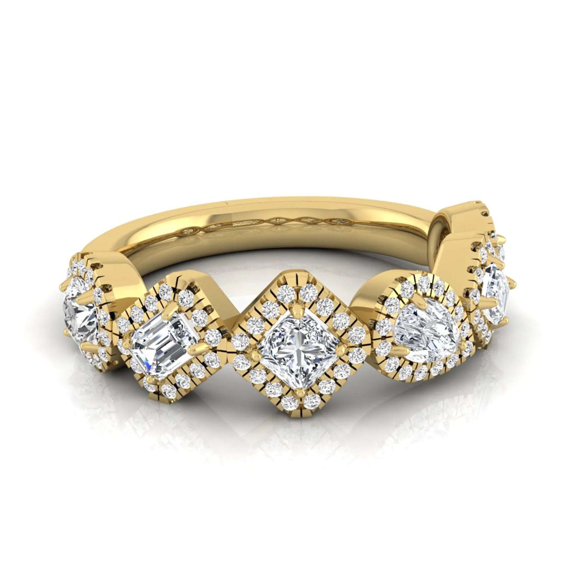 Multi shape lab grown diamond halo band ring featuring emerald, princess, pear, and round cut diamonds totaling 0.97 carats in yellow gold.
