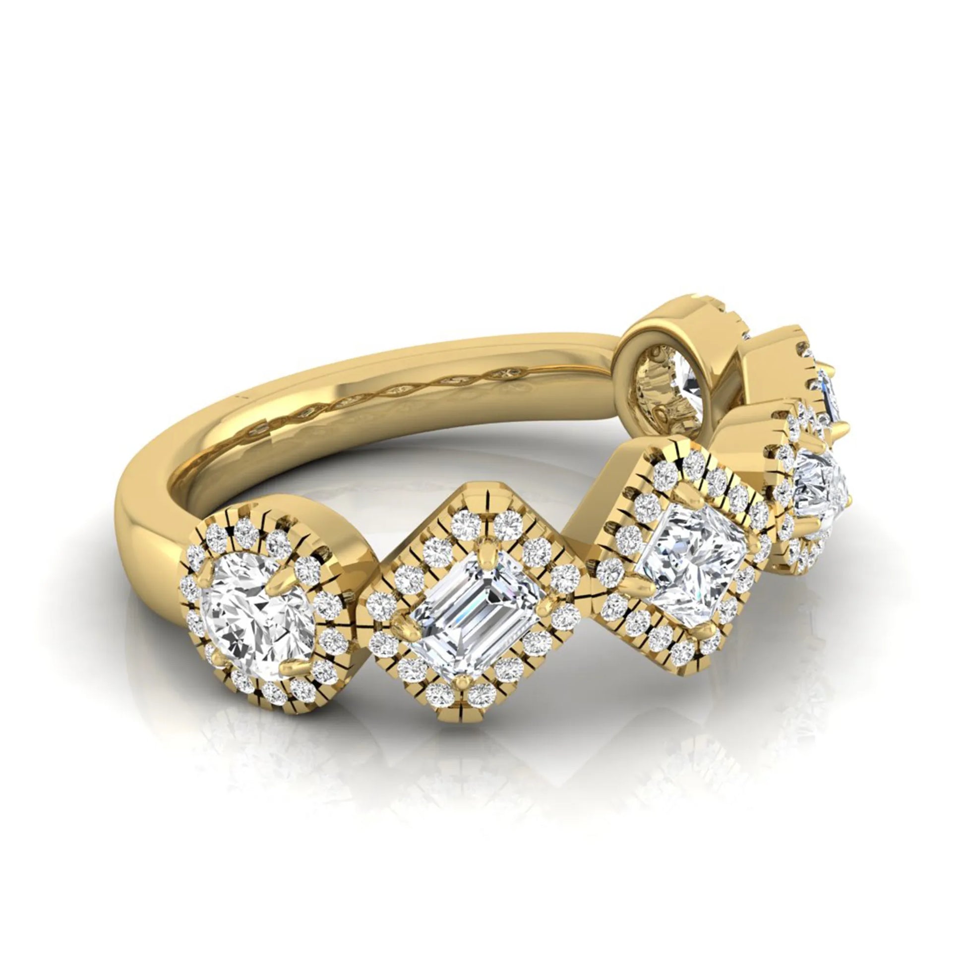 Multi shape lab grown diamond halo band ring featuring emerald, princess, pear, and round cut diamonds totaling 0.97 carats in yellow gold.