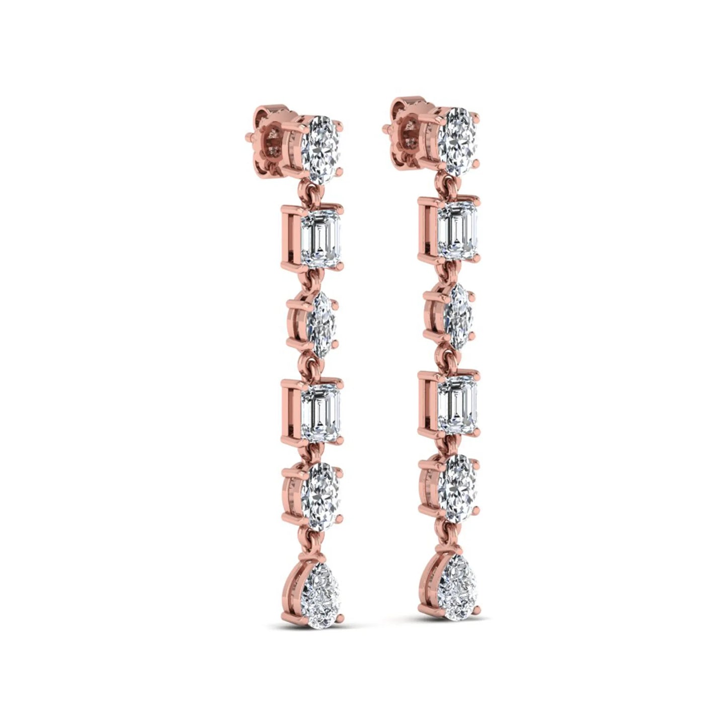 Multi shape lab grown diamond linear drop earrings featuring emerald, marquise, oval, and pear cut diamonds in four-prong settings with a rose gold tone design and push back closure.