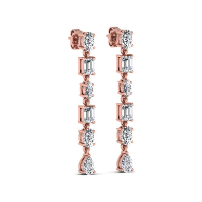 Multi shape lab grown diamond linear drop earrings featuring emerald, marquise, oval, and pear cut diamonds in four-prong settings with a rose gold tone design and push back closure.