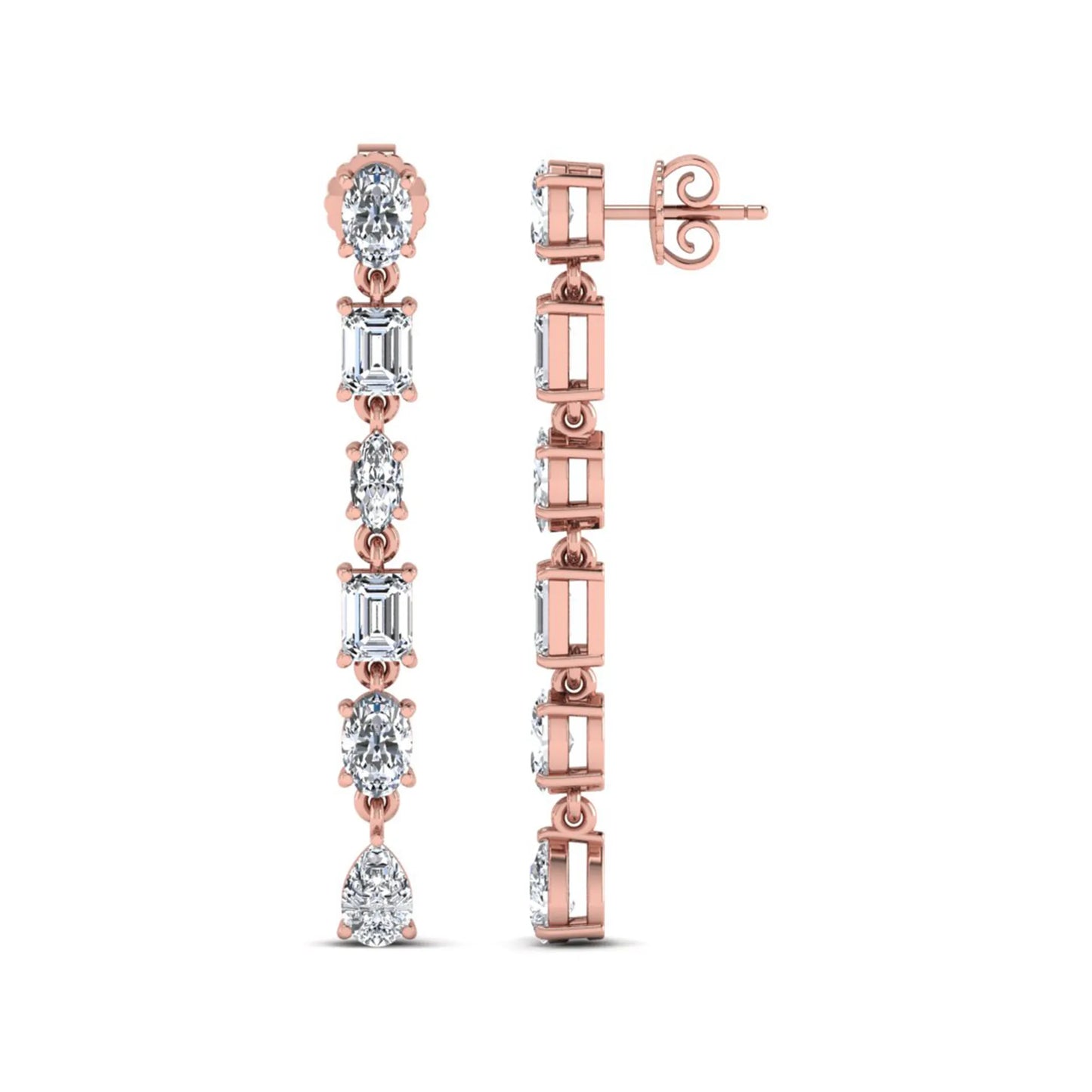 Multi shape lab grown diamond linear drop earrings featuring emerald, marquise, oval, and pear cut diamonds in four-prong settings with a rose gold tone design and push back closure.