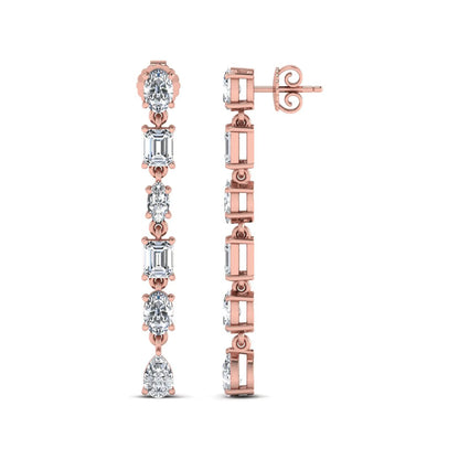 Multi shape lab grown diamond linear drop earrings featuring emerald, marquise, oval, and pear cut diamonds in four-prong settings with a rose gold tone design and push back closure.