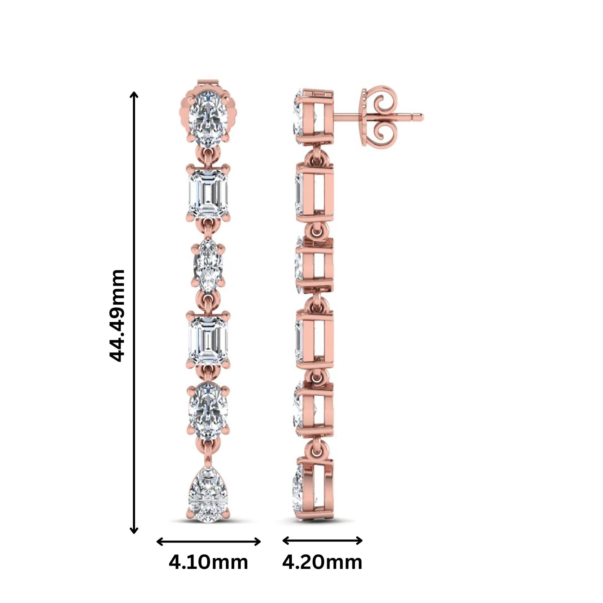 Multi shape lab grown diamond linear drop earrings featuring emerald, marquise, oval, and pear cut diamonds in four-prong settings with a rose gold tone design and push back closure.