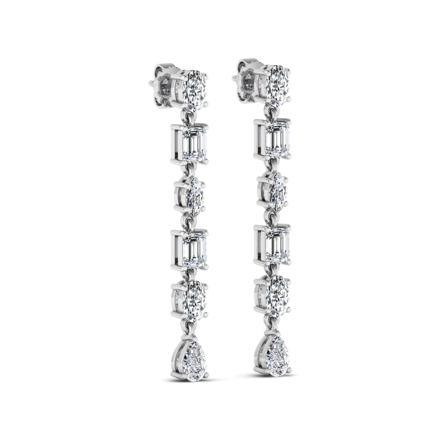Multi shape lab grown diamond linear drop earrings featuring emerald, marquise, oval, and pear cut diamonds in four-prong settings with a white gold tone design and push back closure.