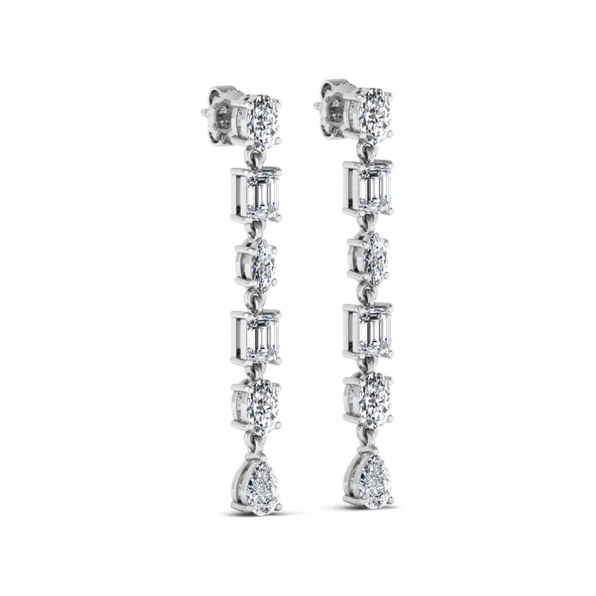Multi shape lab grown diamond linear drop earrings featuring emerald, marquise, oval, and pear cut diamonds in four-prong settings with a white gold tone design and push back closure.