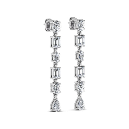Multi shape lab grown diamond linear drop earrings featuring emerald, marquise, oval, and pear cut diamonds in four-prong settings with a white gold tone design and push back closure.