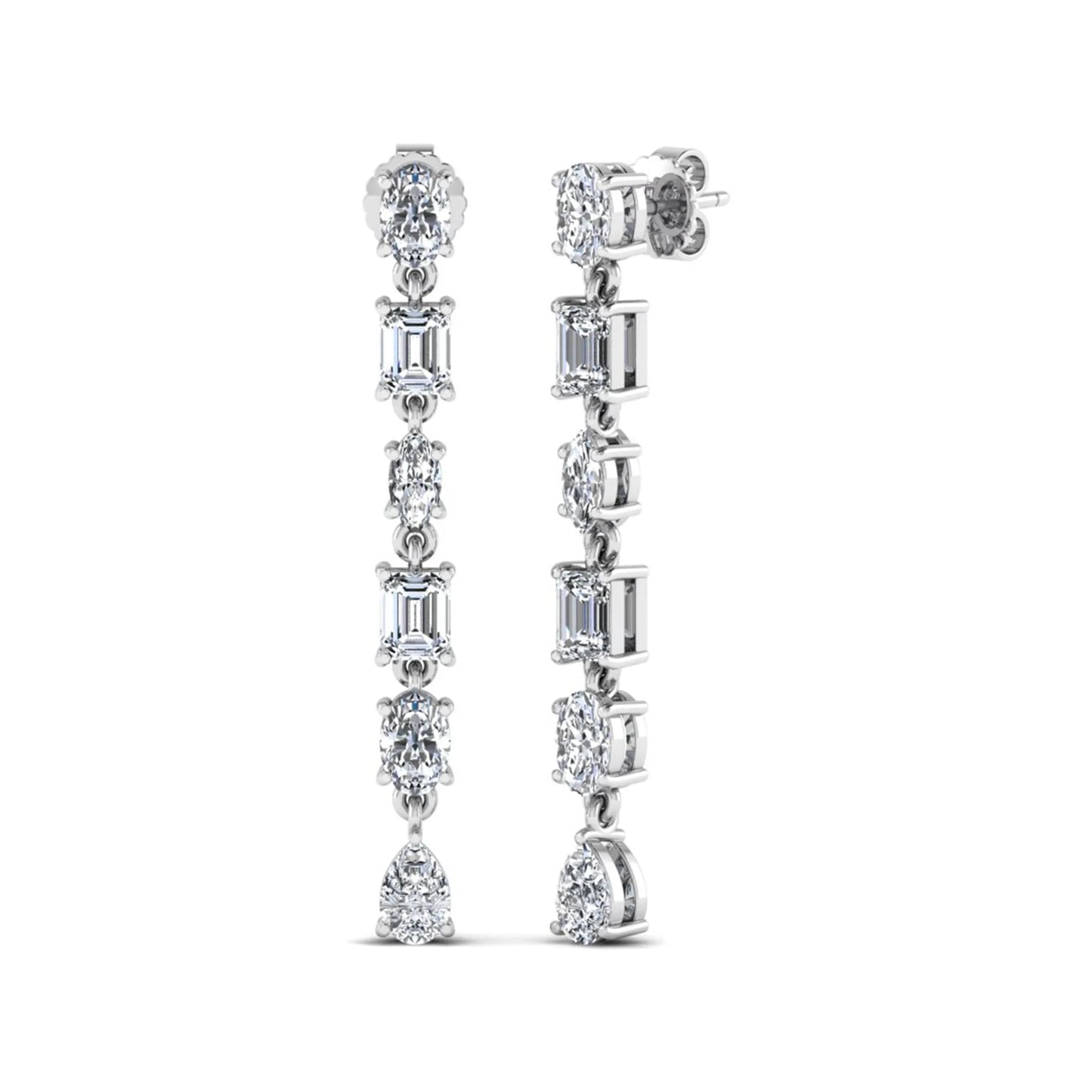 Multi shape lab grown diamond linear drop earrings featuring emerald, marquise, oval, and pear cut diamonds in four-prong settings with a white gold tone design and push back closure.