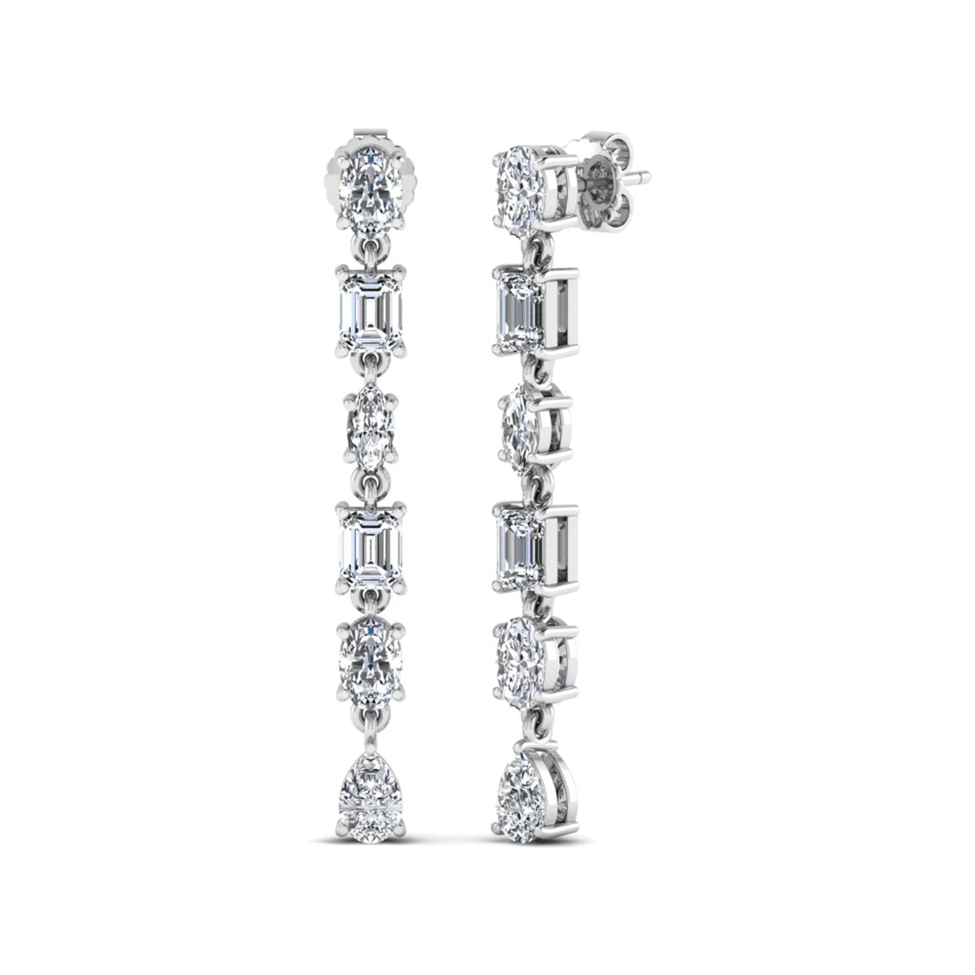 Multi shape lab grown diamond linear drop earrings featuring emerald, marquise, oval, and pear cut diamonds in four-prong settings with a white gold tone design and push back closure.