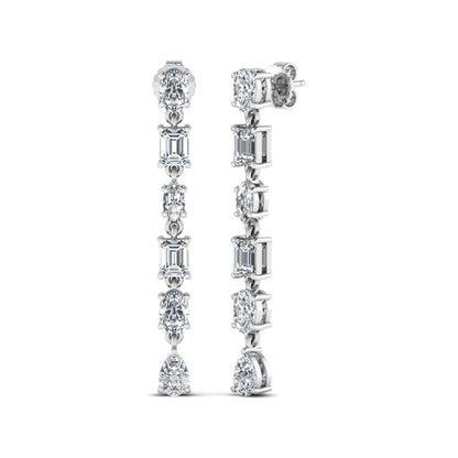 Multi shape lab grown diamond linear drop earrings featuring emerald, marquise, oval, and pear cut diamonds in four-prong settings with a white gold tone design and push back closure.