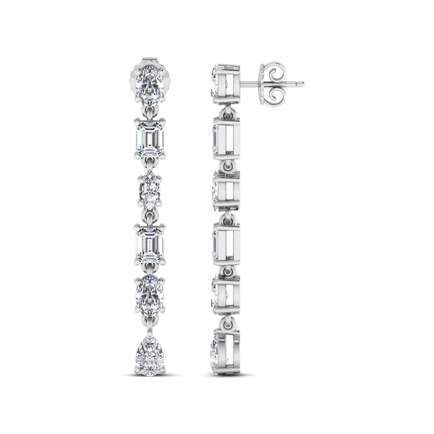 Multi shape lab grown diamond linear drop earrings featuring emerald, marquise, oval, and pear cut diamonds in four-prong settings with a white gold tone design and push back closure.