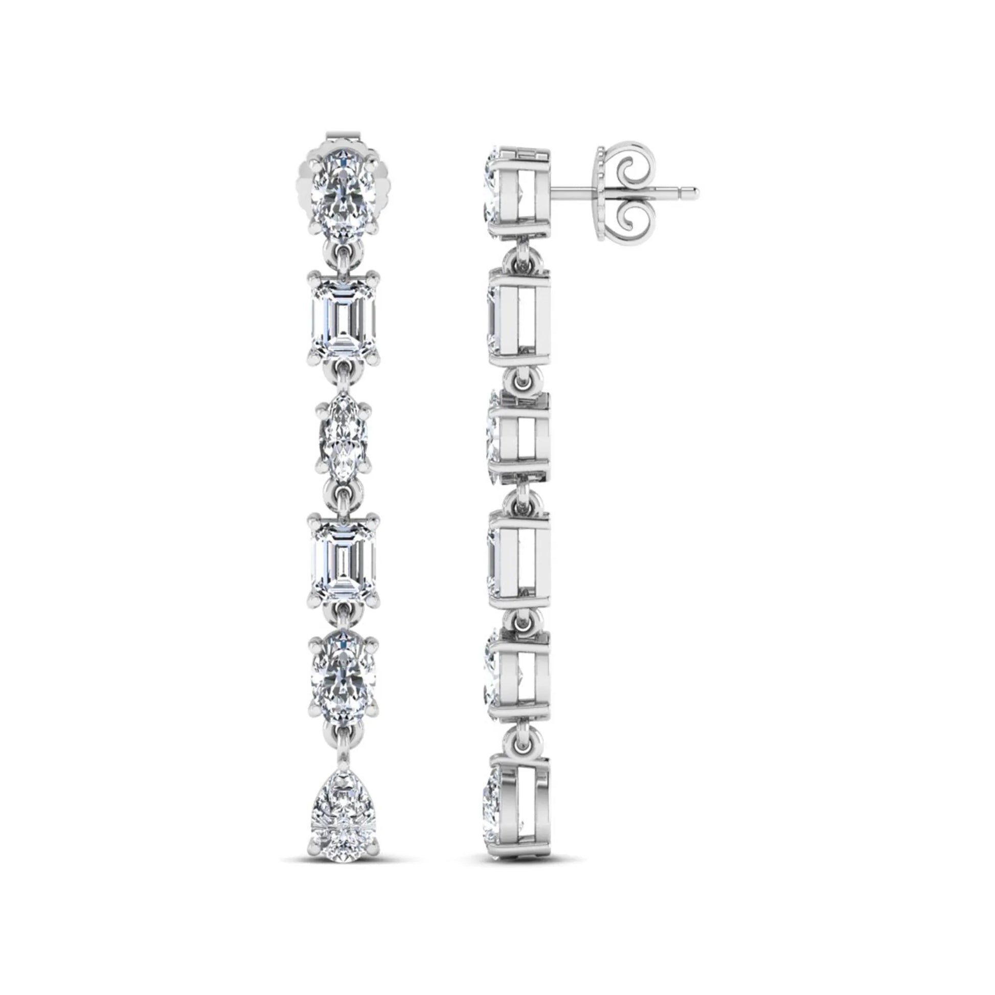 Multi shape lab grown diamond linear drop earrings featuring emerald, marquise, oval, and pear cut diamonds in four-prong settings with a white gold tone design and push back closure.