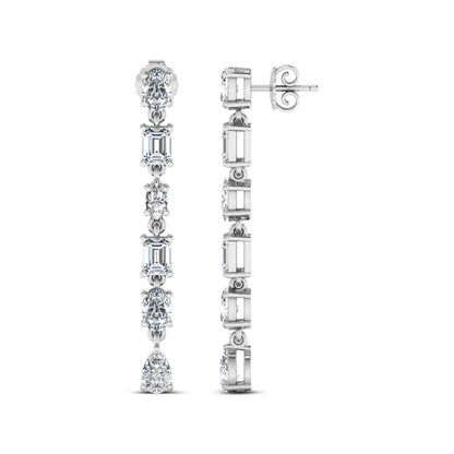 Multi shape lab grown diamond linear drop earrings featuring emerald, marquise, oval, and pear cut diamonds in four-prong settings with a white gold tone design and push back closure.