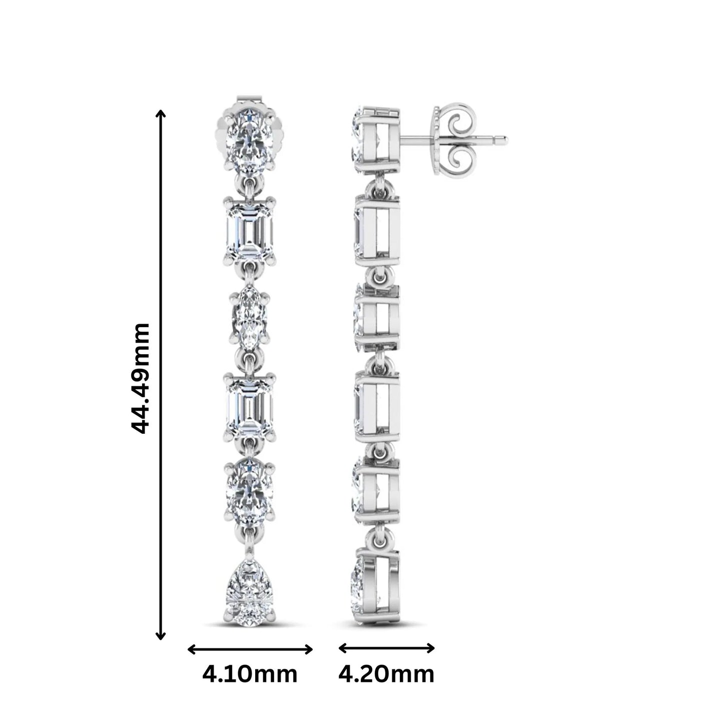 Multi shape lab grown diamond linear drop earrings featuring emerald, marquise, oval, and pear cut diamonds in four-prong settings with a white gold tone design and push back closure.