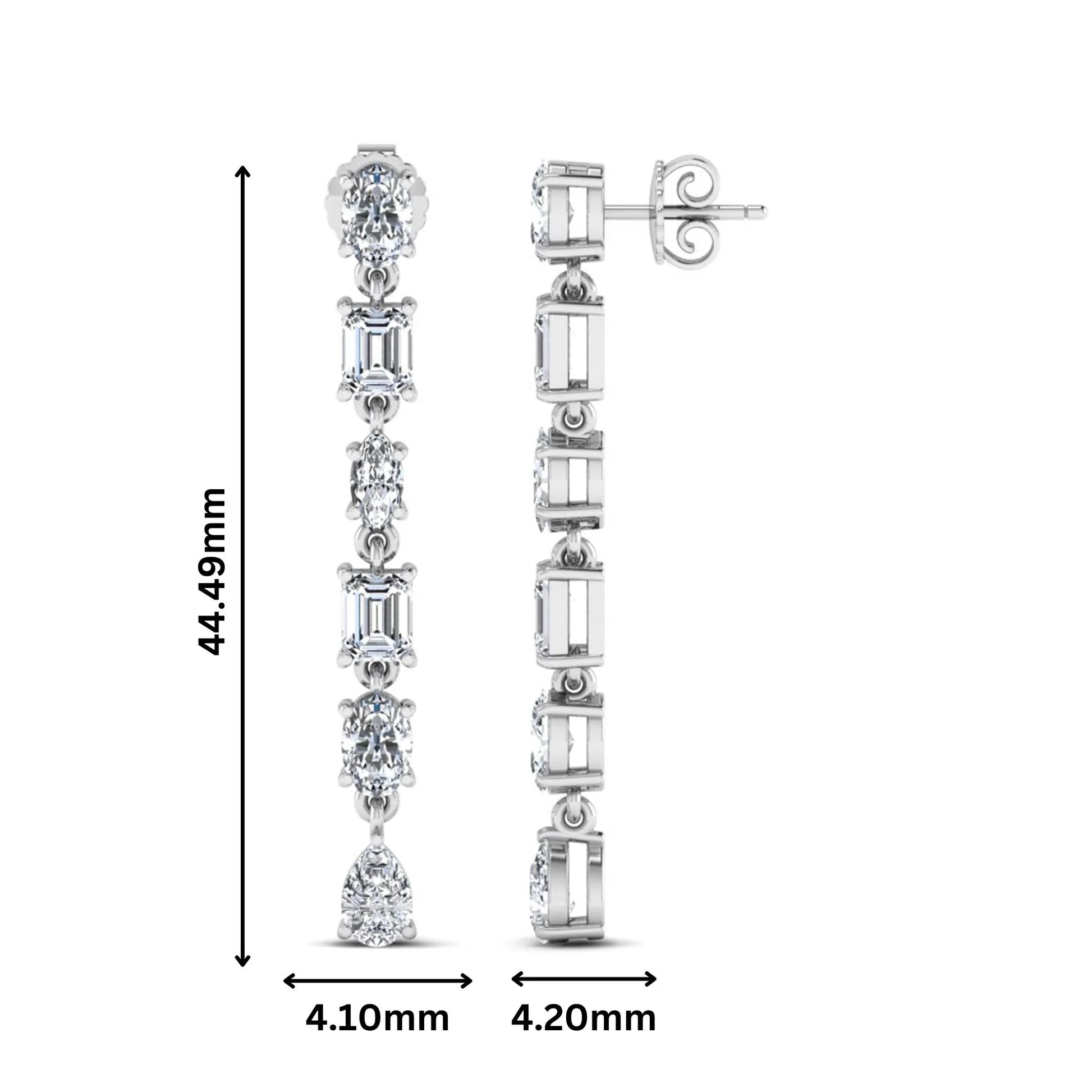 Multi shape lab grown diamond linear drop earrings featuring emerald, marquise, oval, and pear cut diamonds in four-prong settings with a white gold tone design and push back closure.