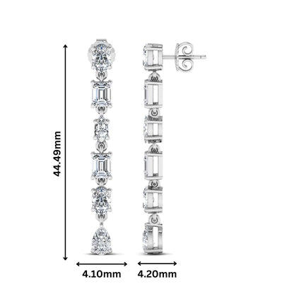 Multi shape lab grown diamond linear drop earrings featuring emerald, marquise, oval, and pear cut diamonds in four-prong settings with a white gold tone design and push back closure.