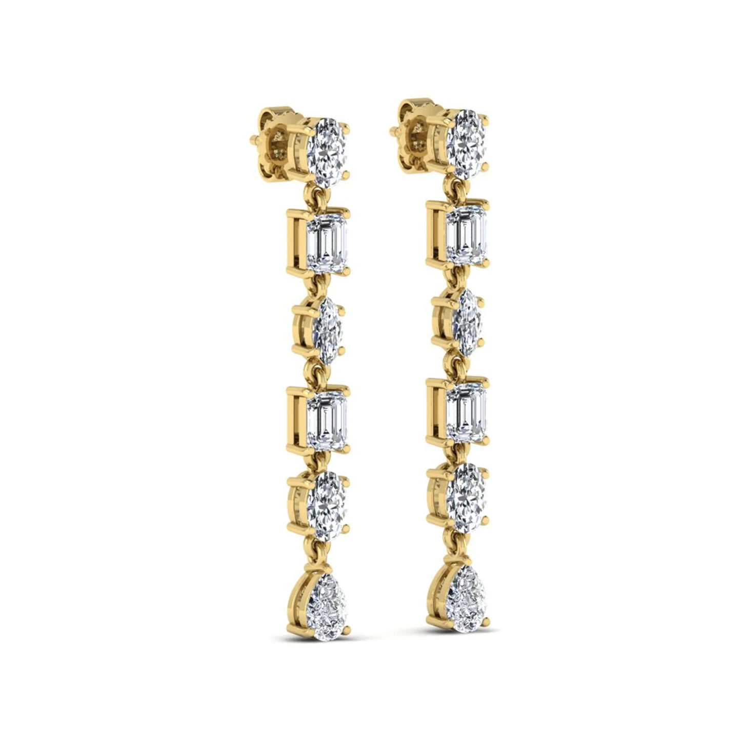 Multi shape lab grown diamond linear drop earrings featuring emerald, marquise, oval, and pear cut diamonds in four-prong settings with a yellow gold tone design and push back closure.