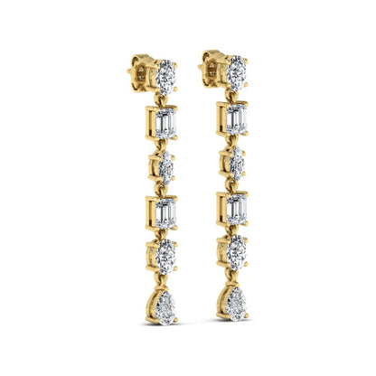 Multi shape lab grown diamond linear drop earrings featuring emerald, marquise, oval, and pear cut diamonds in four-prong settings with a yellow gold tone design and push back closure.