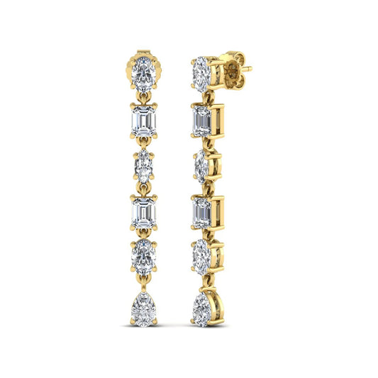 Multi shape lab grown diamond linear drop earrings featuring emerald, marquise, oval, and pear cut diamonds in four-prong settings with a yellow gold tone design and push back closure.