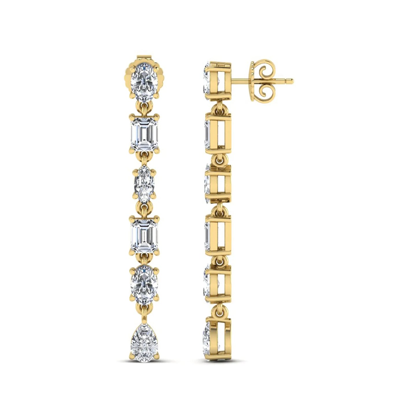 Multi shape lab grown diamond linear drop earrings featuring emerald, marquise, oval, and pear cut diamonds in four-prong settings with a yellow gold tone design and push back closure.