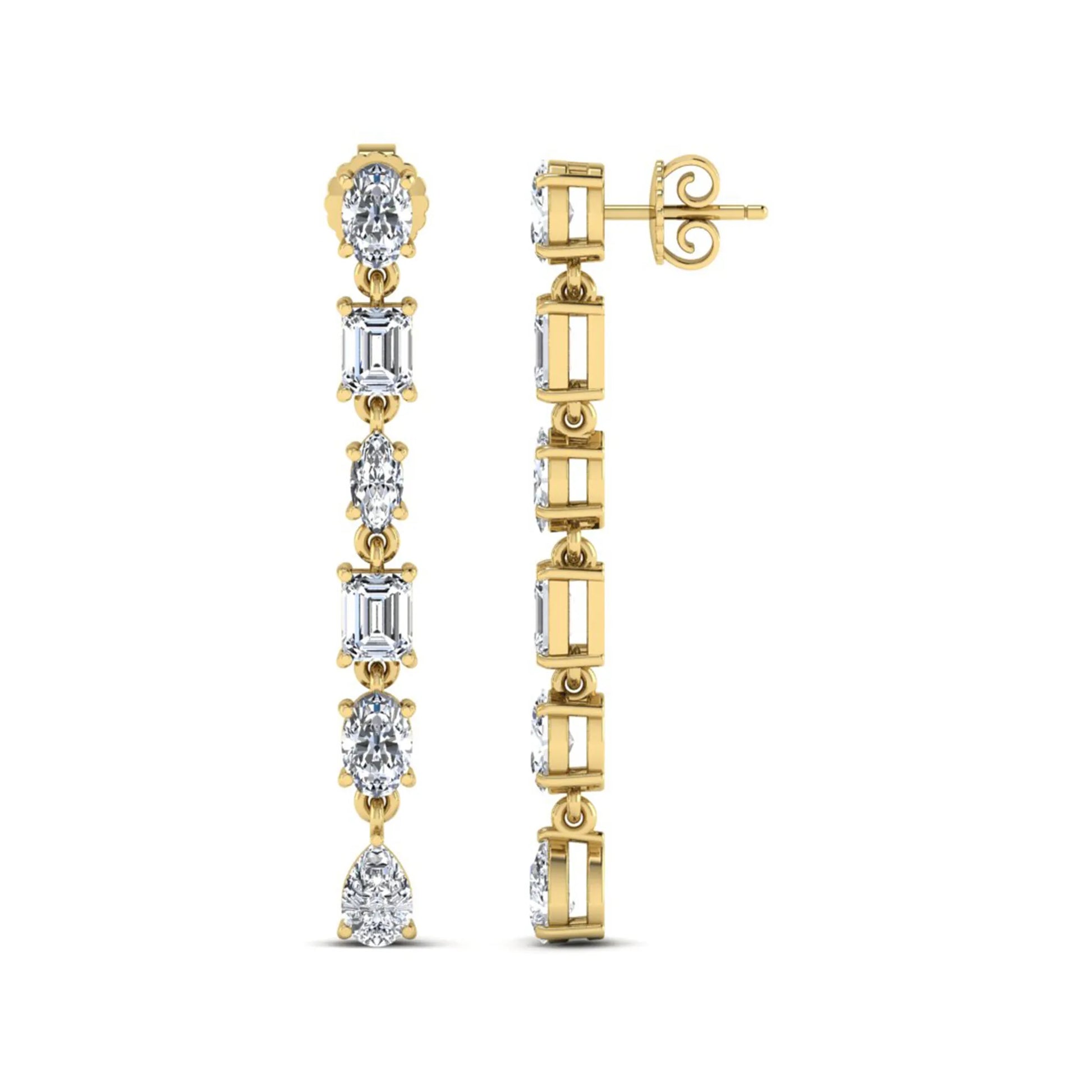 Multi shape lab grown diamond linear drop earrings featuring emerald, marquise, oval, and pear cut diamonds in four-prong settings with a yellow gold tone design and push back closure.