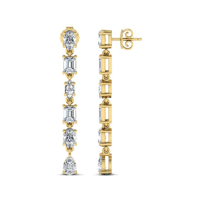 Multi shape lab grown diamond linear drop earrings featuring emerald, marquise, oval, and pear cut diamonds in four-prong settings with a yellow gold tone design and push back closure.