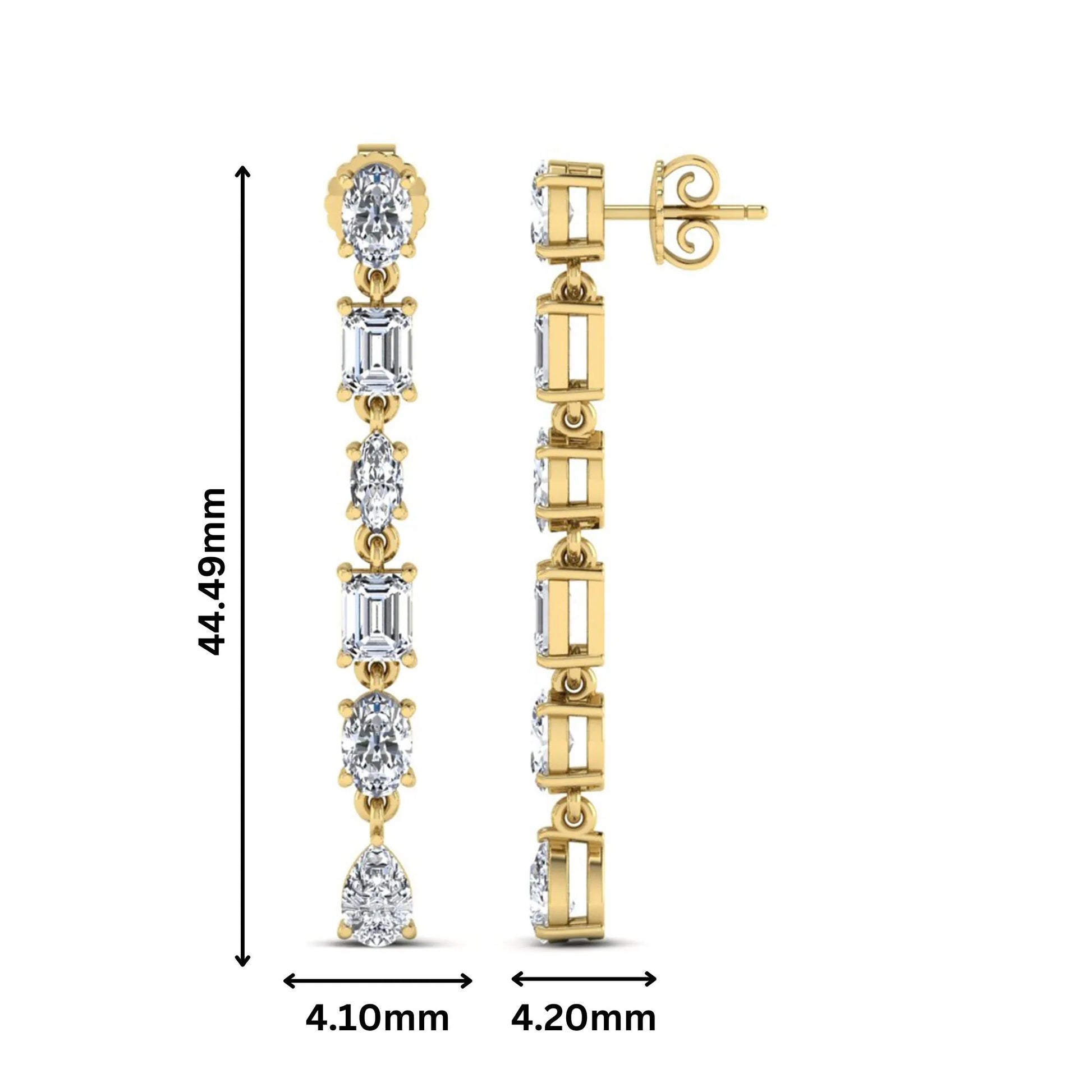Multi shape lab grown diamond linear drop earrings featuring emerald, marquise, oval, and pear cut diamonds in four-prong settings with a yellow gold tone design and push back closure.