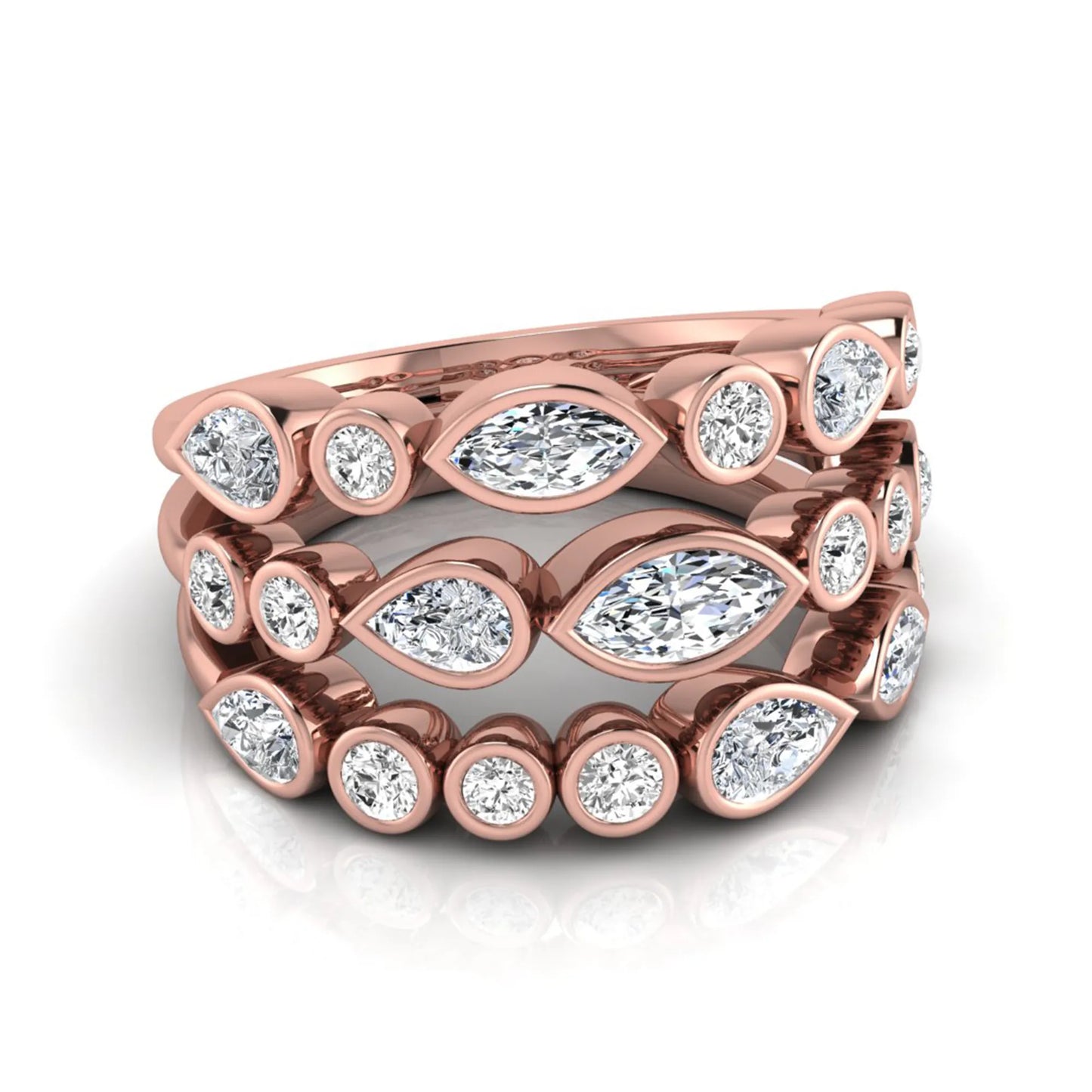 Multi shape lab grown diamond stacking ring featuring marquise, pear, and round bezel set diamonds totaling 1.50 carats in rose gold.