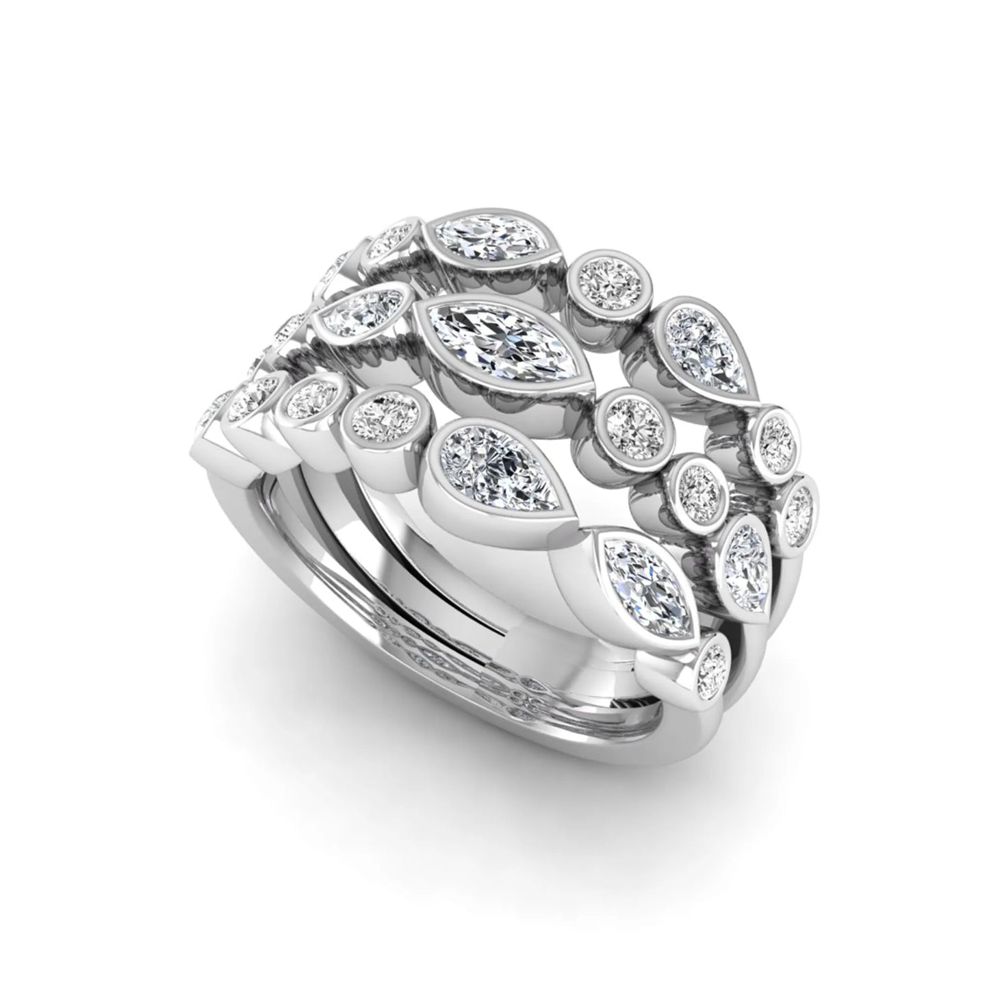 Multi shape lab grown diamond stacking ring featuring marquise, pear, and round bezel set diamonds totaling 1.50 carats in white gold.