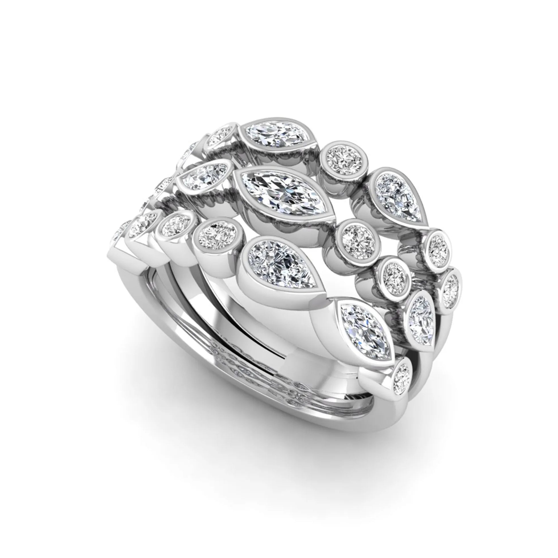Multi shape lab grown diamond stacking ring featuring marquise, pear, and round bezel set diamonds totaling 1.50 carats in white gold.