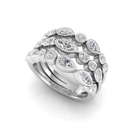 Multi shape lab grown diamond stacking ring featuring marquise, pear, and round bezel set diamonds totaling 1.50 carats in white gold.