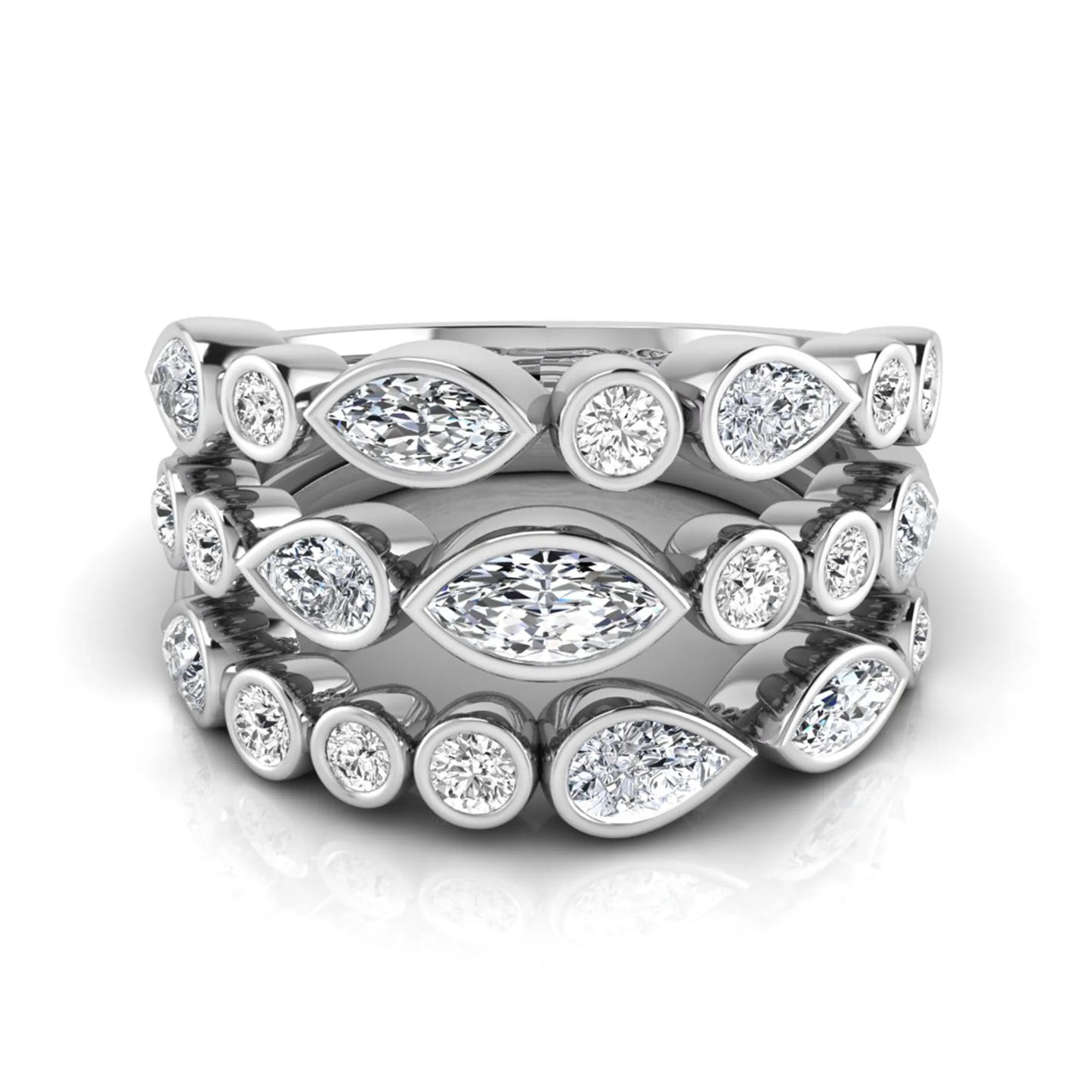 Multi shape lab grown diamond stacking ring featuring marquise, pear, and round bezel set diamonds totaling 1.50 carats in white gold.